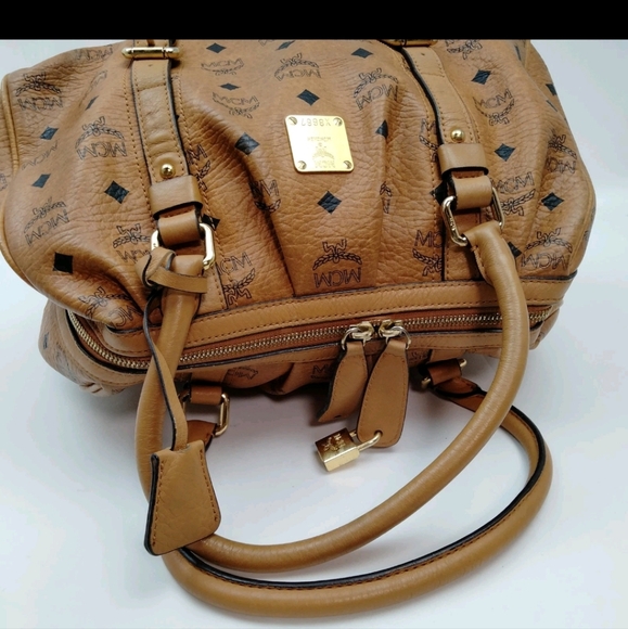 Authentic MCM Cognac Leather Visetos Print Boston Bag - Picture 6 of 12